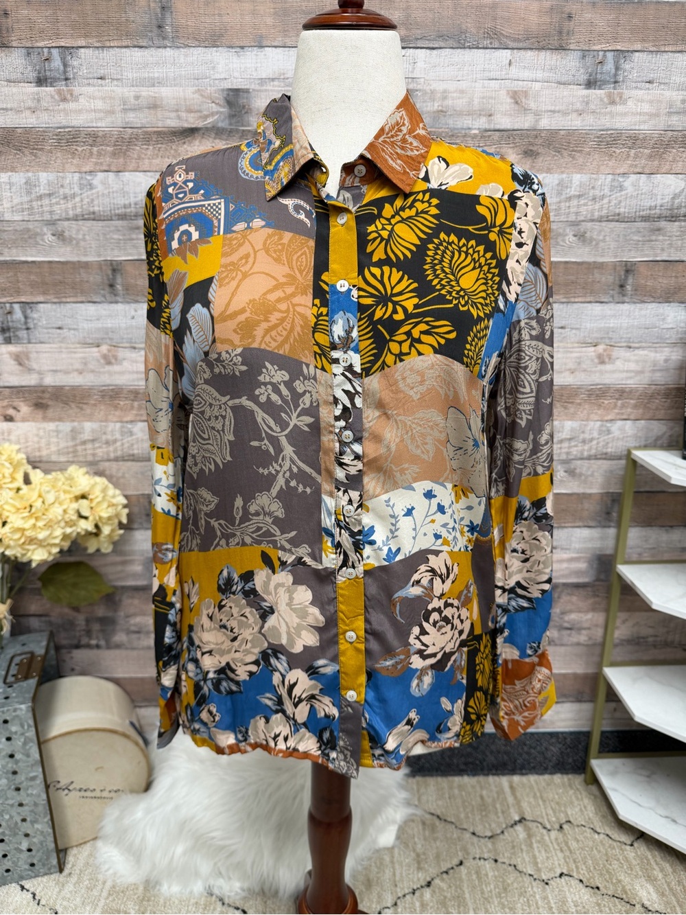 Tolani multi color floral print long sleeve button up silk blouse
